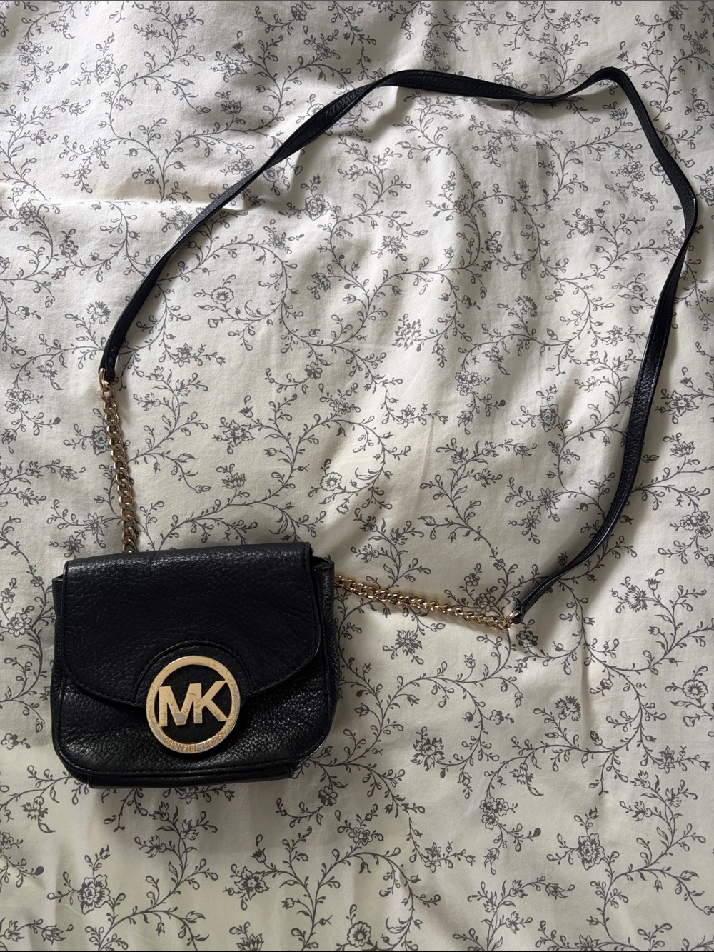 Michael Kors Black Leather Crossbody with Gold MK Emblem